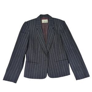Vintage Gentry Navy Blue Pinstripe Wool‎ Blend Blazer Jacket 1 Button Women 8-10
